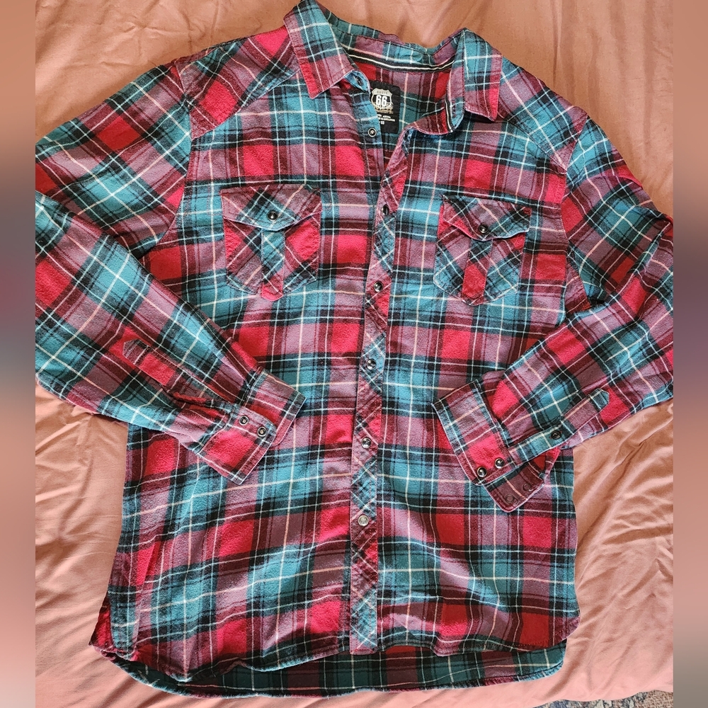 2/$15 Route 66 Men's XL Plaid Button-Up Shirt - Red and Blue